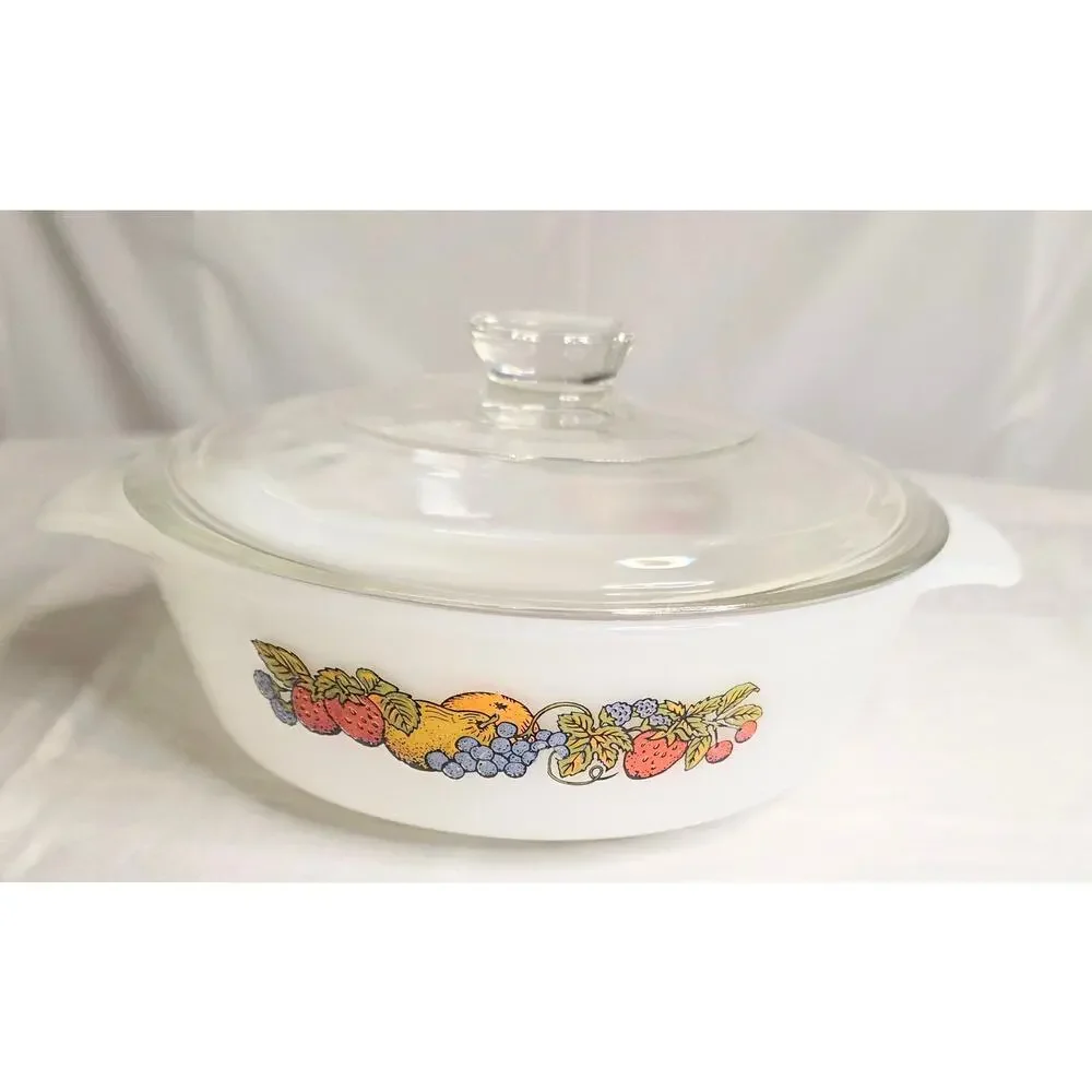 Vtg. Anchor Hocking Fire King Casserole Baking Dish w/Lid Nature's Bounty Round0